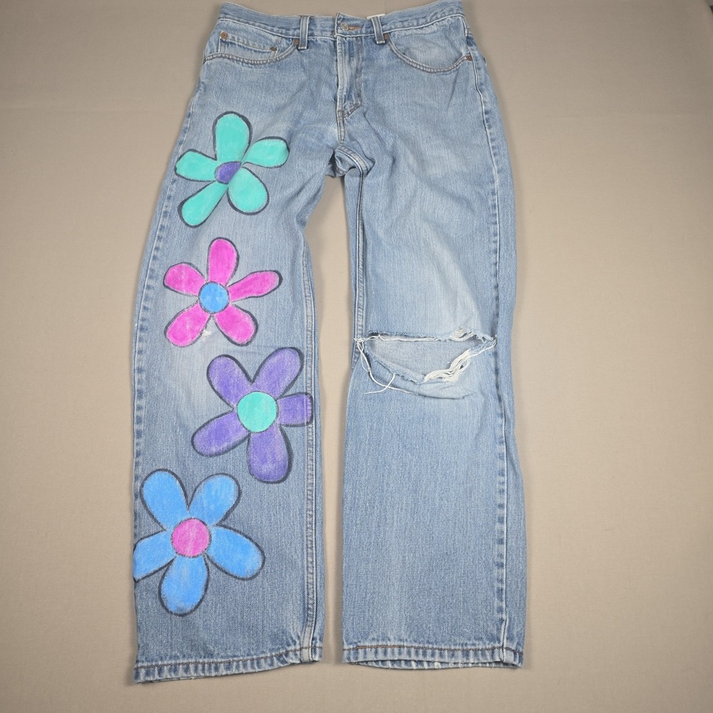 Vintage 2005 Levi's 550 Custom Hand Painted Flower Jeans W32 L29.5 Y2K Kidcore